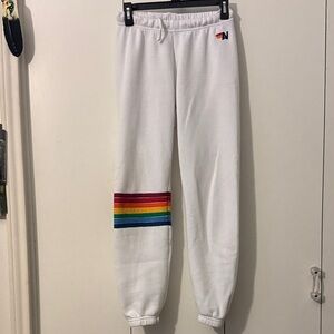 Aviator Nation White Joggers with Rainbow Detail
